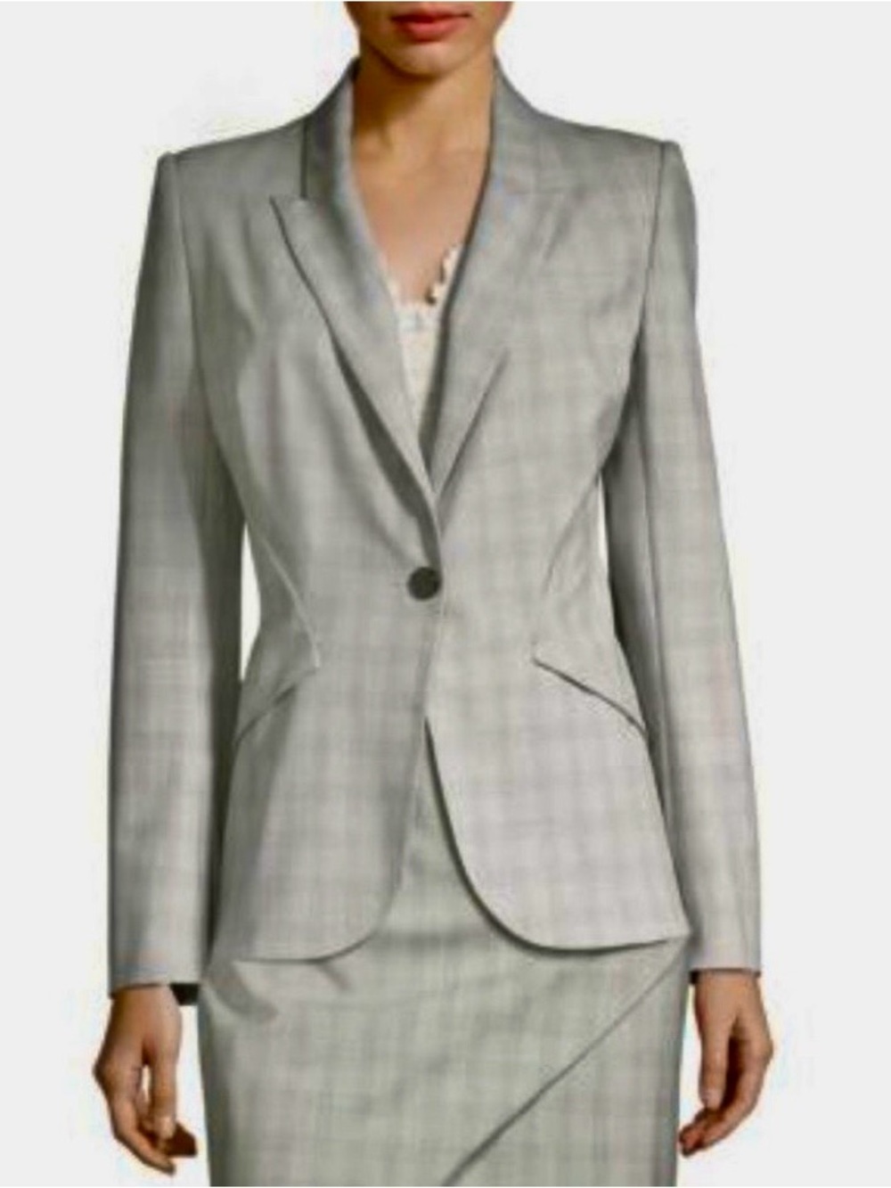 Elie Tahari Light Gray Plaid Single-Button Blazer Size 8